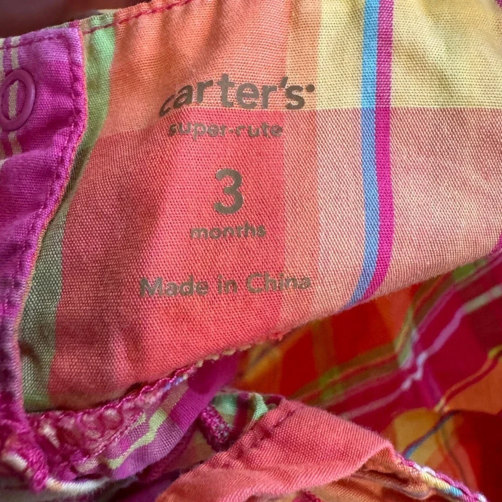 Carters Baby Girls Pink Orange Plaid Ruffle Bubble Romper 3 Months Cotton